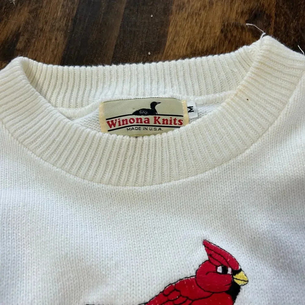 Vintage White Crew Winona Knits Sweater Red Cardinal Bird Womens Medium USA